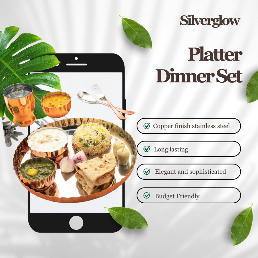Silverglow Platter Stainless Steel Copper Dinner Set of 7pcs, Copper Dinner thali Set, bartan Set, Durable, Gift for Anniversary, Wedding, Diwali, Hotel thali Set, Luxury Dinner Set