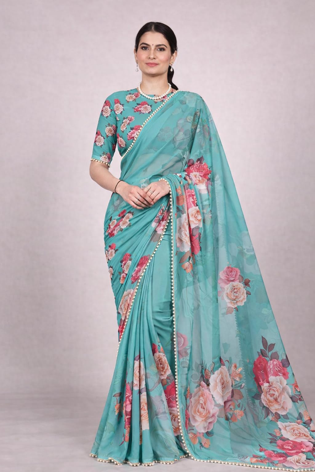 Femori Women's Georgette Floral Printed Saree, Aqua Blue with Pearl Border Detailing, Lightweight and Breathable (AQUA)