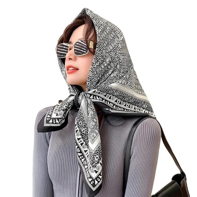 ULOS Women's Printed Shiny Dubai Style Luxury Floral Pattern Satin Head Scarf - Neck Scarf (Square)