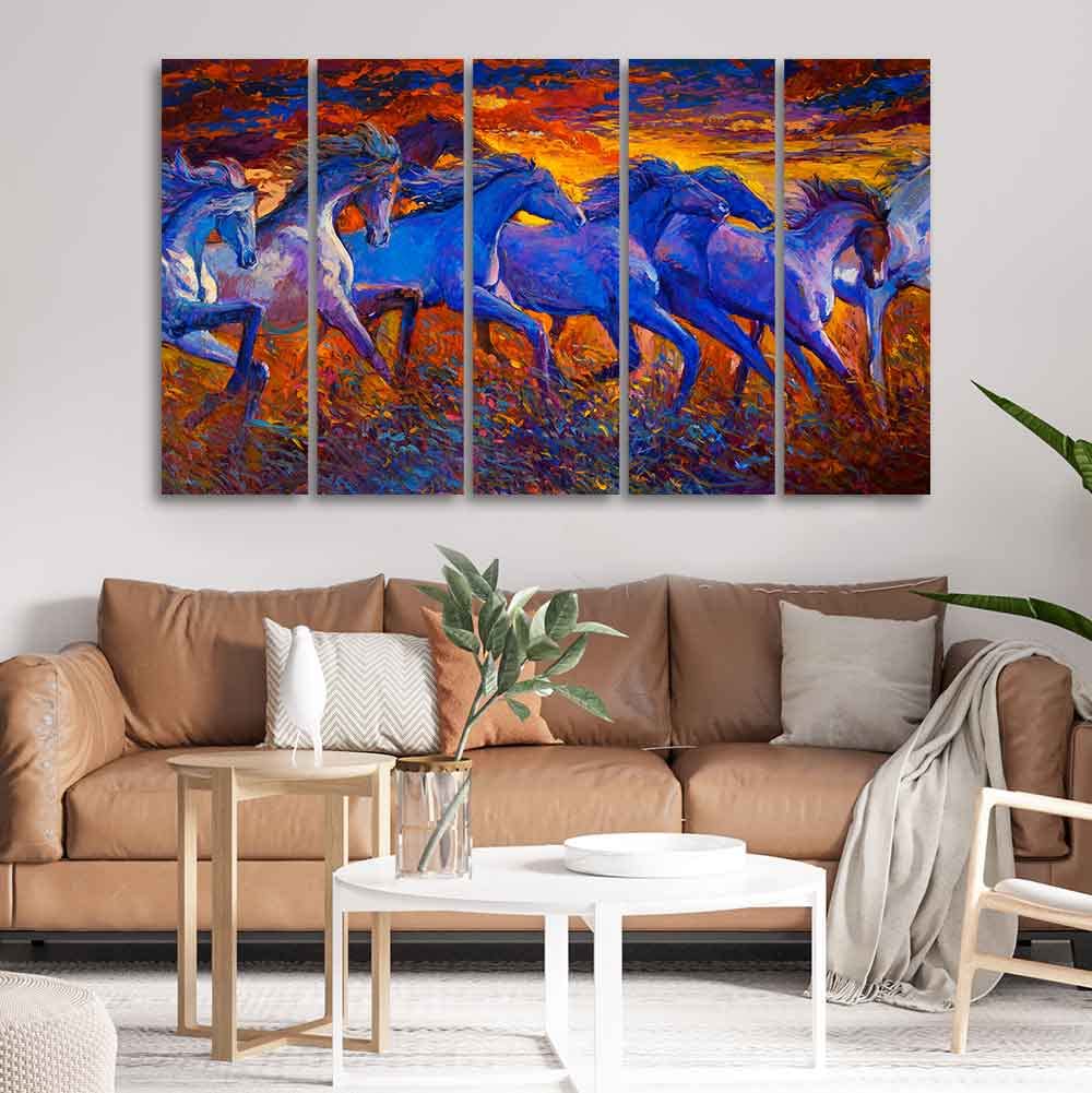 VIBECRAFTS Seven Horse Running in Field Five Pieces Canvas wall Painting For Home|Office|Living Room|Gift (PTVC5Pcs4_8622)