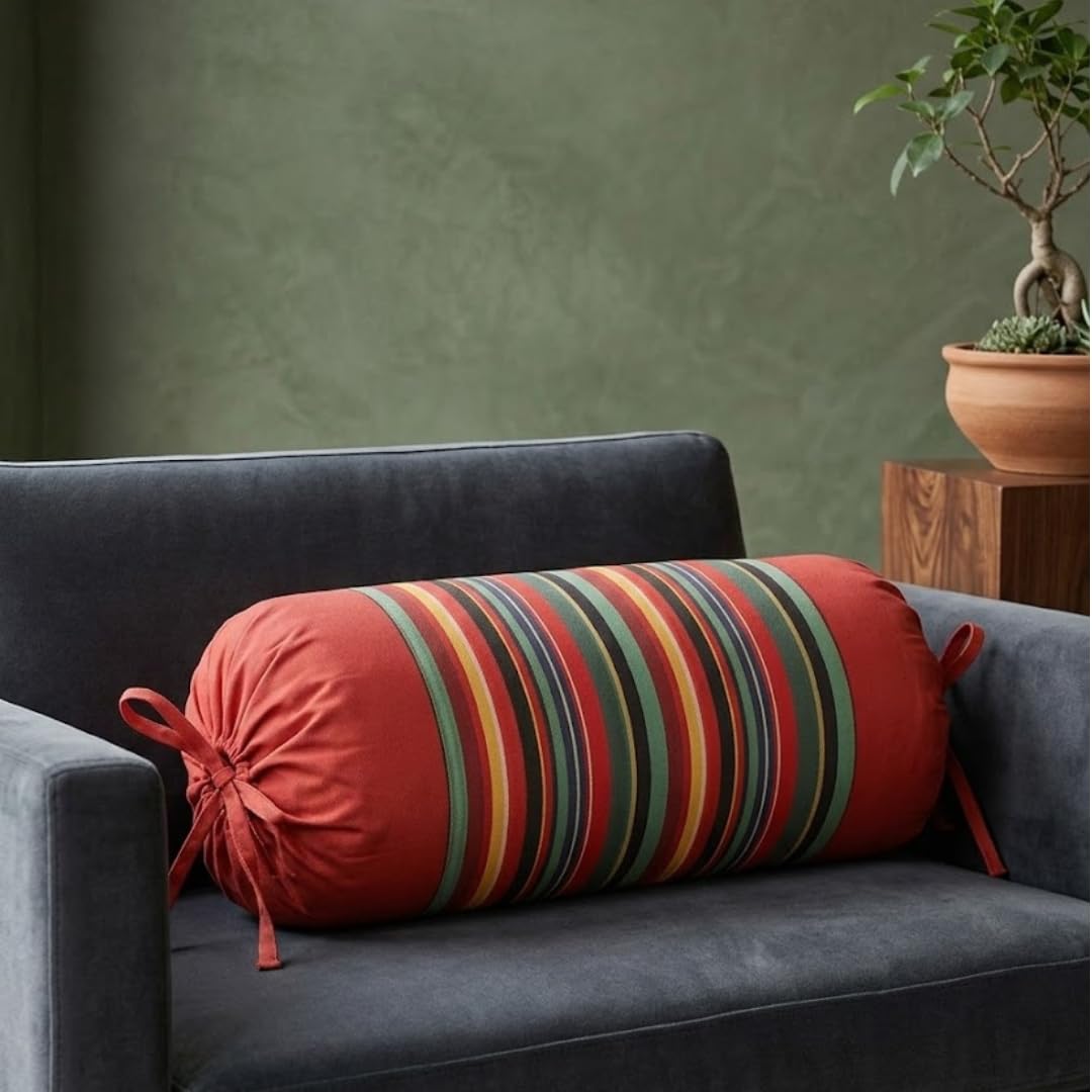 SAJAVAT HOME Hand-Knitted Bolster Cover | Red Decorative Side Pillow Cover for Sofa, Bed & Diwan | Soft Cylindrical Round Pillowcase with Tie Closure | 32x15 Inches Pack of 1
