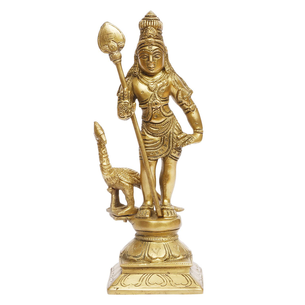 ARTVARKO Brass Lord Murugan Kartikeya Murugana Karthikeya Standing Swaminatha Skanda SwamiJi Subramanya Murti Statue Idol for Puja Vastu Home Office Height 10 Inches.