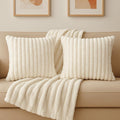 AWARD VELVETS Premium Faux Rabbit Fur Plush Luxury Soft Fluffy Striped Decorative Throw Pillow/Cushion Covers for Sofa, Couch, Living Room - (Off-White, 16 x 16 inch) Set of 2