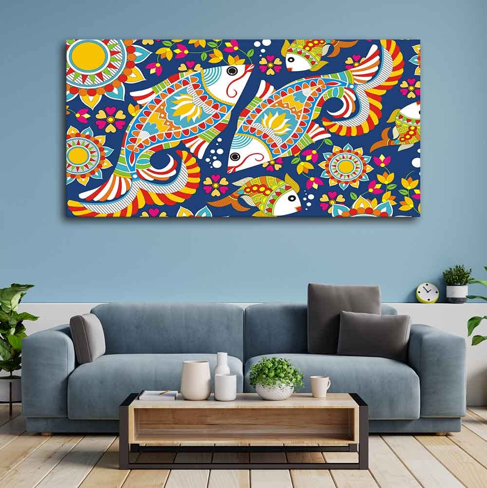 VIBECRAFTS Canvas Paintings for Living Room Drawing Room Madhubani Art Canvas Wall Painting Fitted With Wooden Frame for Home | Office | Gift (PTVCH_2405)