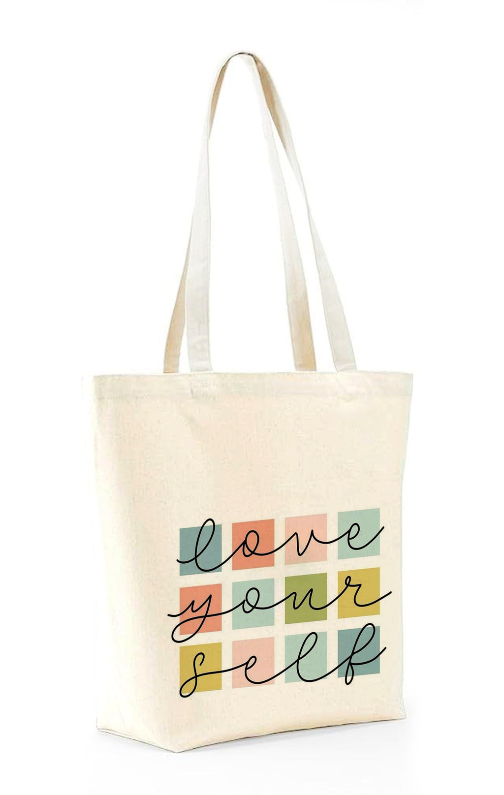 Heu “Love Yourself” Printed Canvas Tote Bag | Aesthetic Quote Reusable Cotton Shoulder Bag | Stylish Eco-Friendly Shopping Tote for Women & Girls