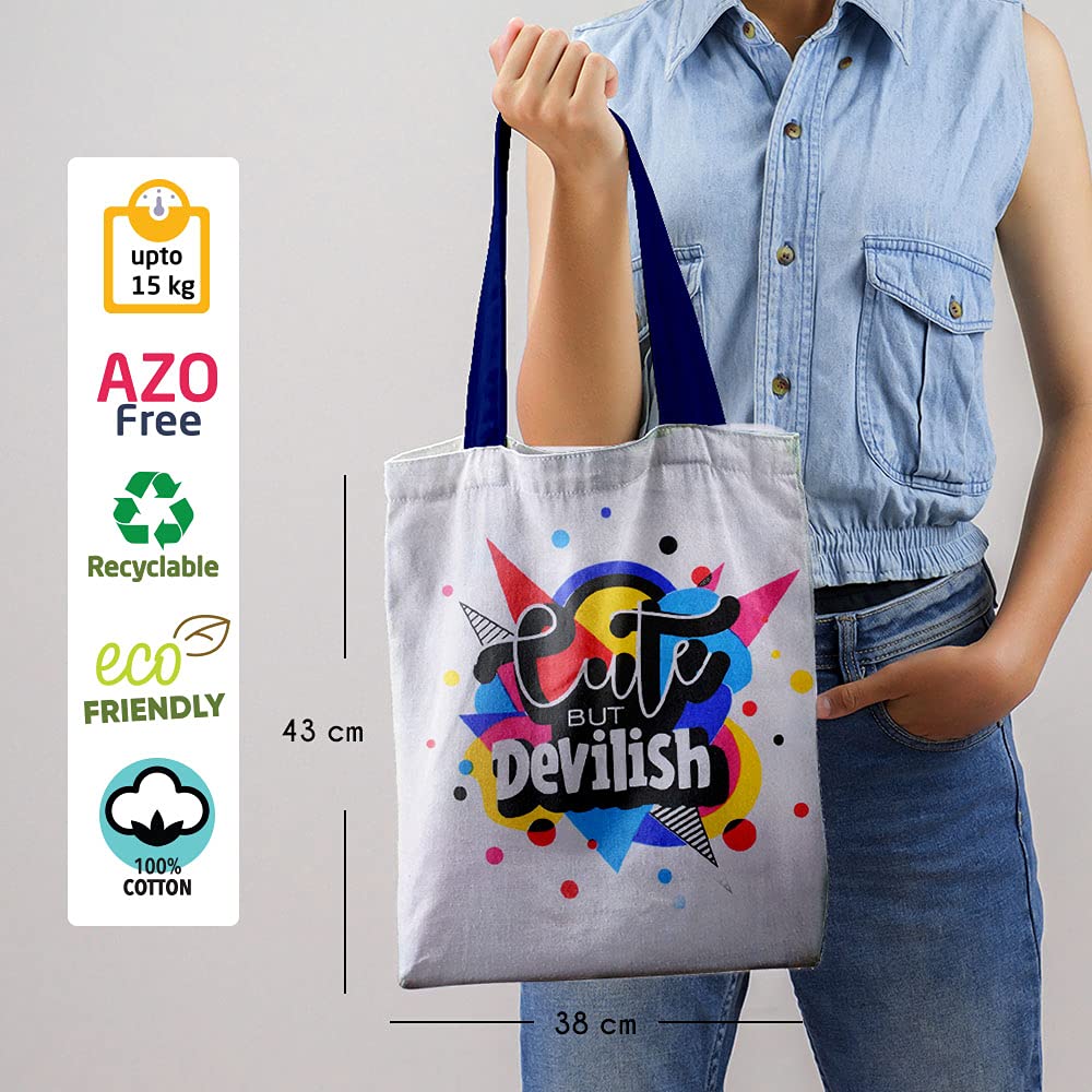 DOODLE Canvas Tote Bag for Women & Girls | 100% Cotton Eco-Friendly Shoulder Bags for Shopping & Travelling I Washable and Reusable - (Devil Drama)