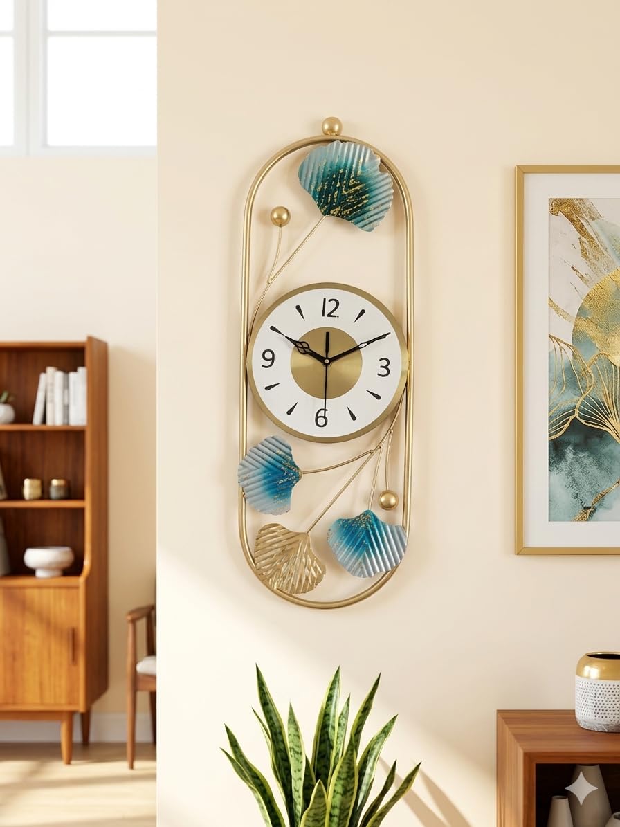Mahira Artefacts Luxury Modern Metal Wall Clock with Blue Ginkgo Leaf Art, Golden Oval Frame, Silent Non-Ticking