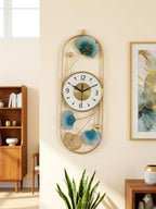 Mahira Artefacts Luxury Modern Metal Wall Clock with Blue Ginkgo Leaf Art, Golden Oval Frame, Silent Non-Ticking