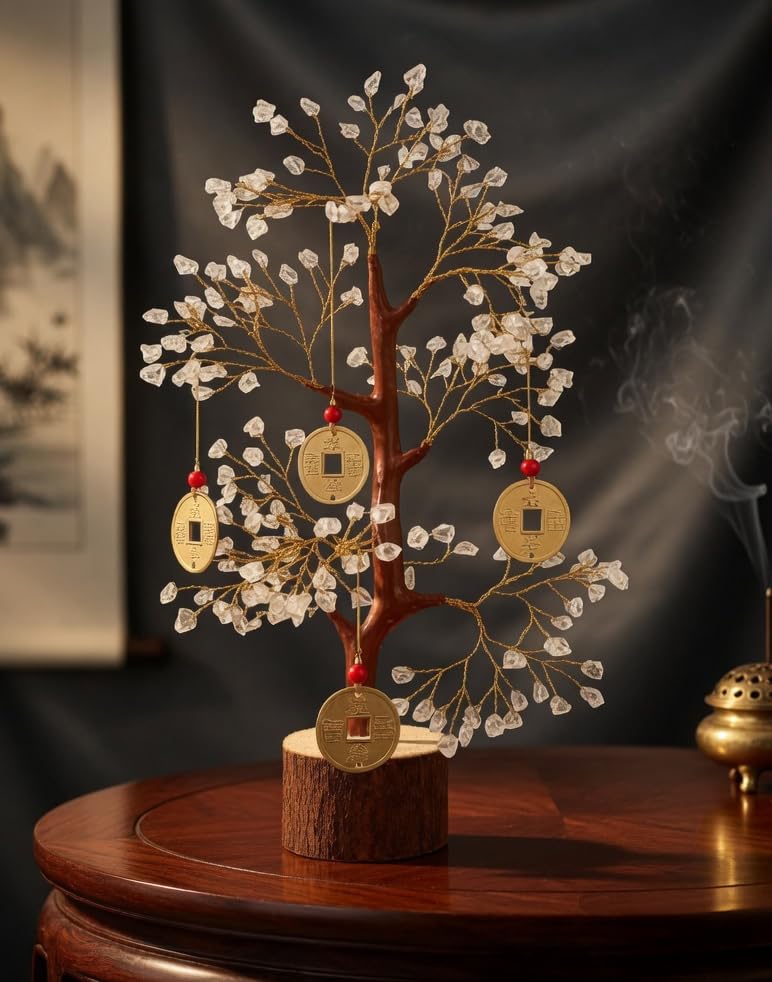 Paradigm Pictures Feng Shui Tree of Life Bonsai - Crystal Ornaments With Hanging Coin Charms For Health, Wealth And Happiness - Table Decor, Living Room,12.7 Cm