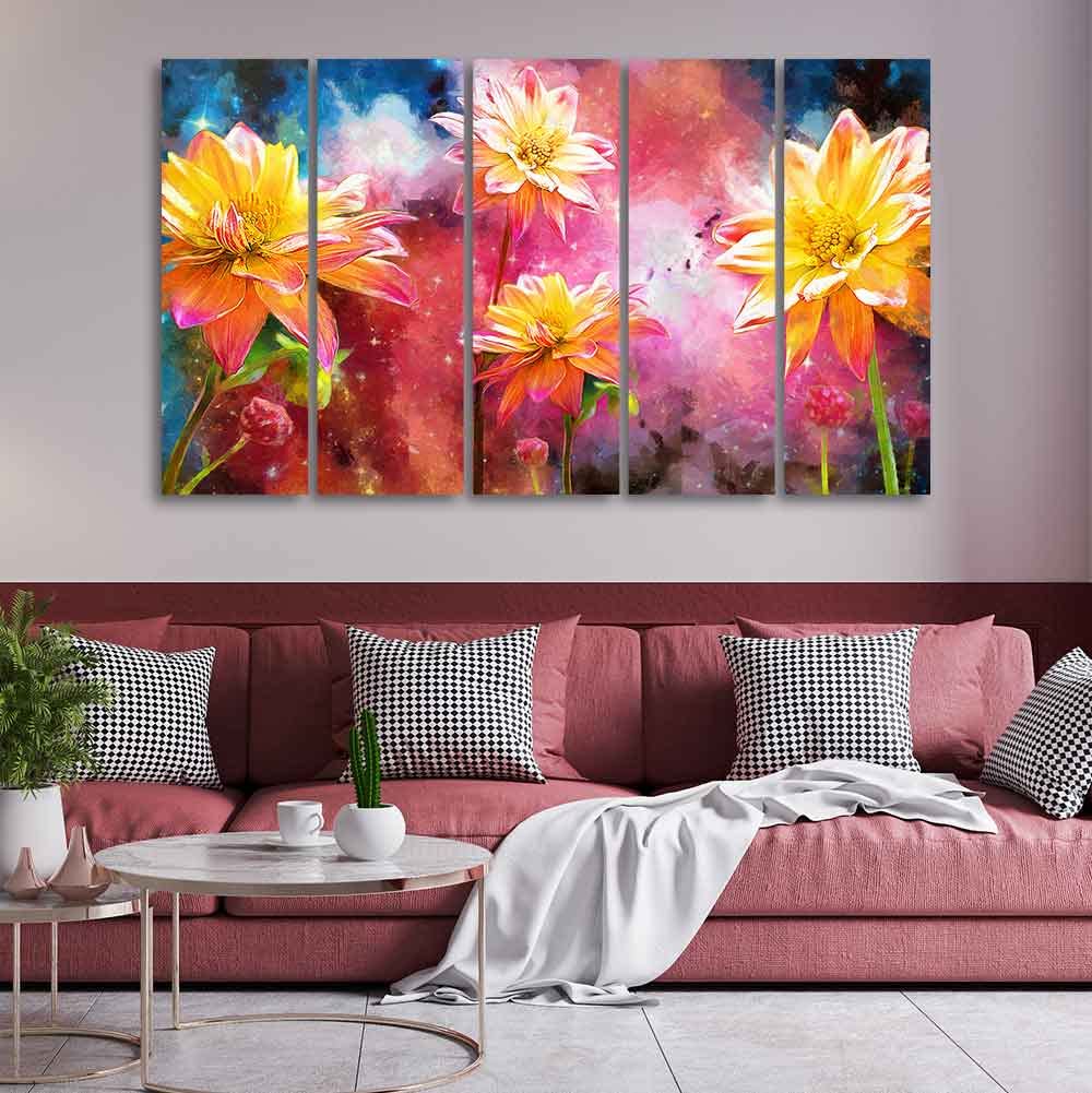 VIBECRAFTS Yellow Flower Canvas Wall Painting of Five Pieces For Home|Office|Living Room|Gift (PTVC5Pcs4_8664)