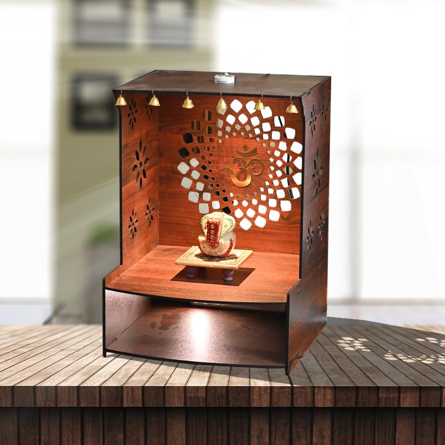 wallkriti Wooden Temple Mandir with LED Lights, Om Design, Decorative Wall Mount Pooja Shrine, Brown