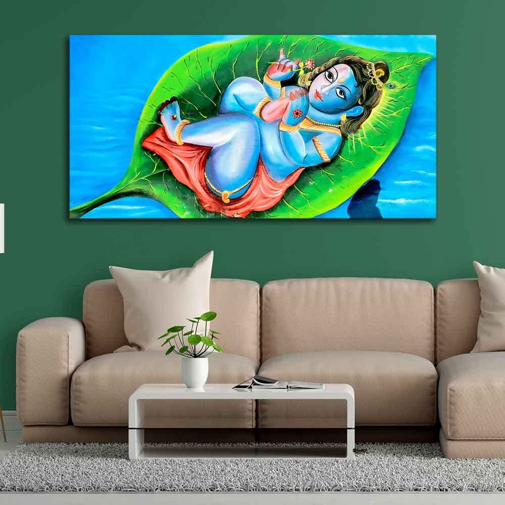 VIBECRAFTS Canvas Paintings for Living Room Drawing Room Little Krishna Canvas Wall Painting Fitted With Wooden Frame For Home | Office | Living Room | Gifts (PTVCH_2526)