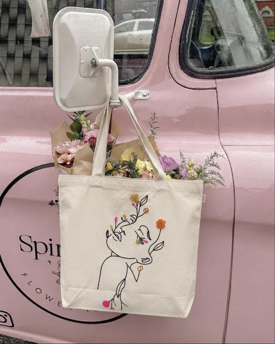 MASQ Premium ToteBag for Women with Zipper | Embroidered Foldable Shoulder Bag with Multiple Pockets | Spacious Handbag for College & Office | Eco-Friendly & Reusable (AP_TB_Girl_Face_01)