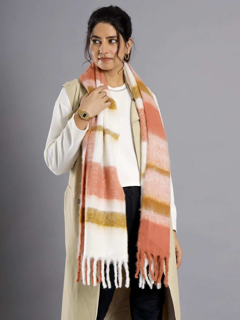 Ravaiyaa - Attitude is everything Women Reversible Acrylic Wool Scarf Winter Wear Muffler Designer Scarves 72x12 Inch (Coral)