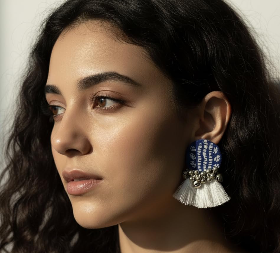 Handmade Blue & White Tassel Earrings for Women | Boho Ethnic Statement Earrings with silver beads, Artisan Crafted, Unique Style, Handcrafted Jewellery for Women