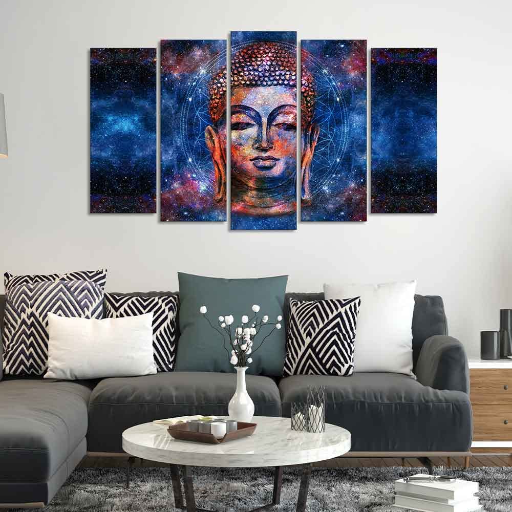 VIBECRAFTS Divine Buddha Head Colorful Wall Painting Set of Five Pieces For Home|Office|Living Room|Gift (PTVC5Pcs2_6534)
