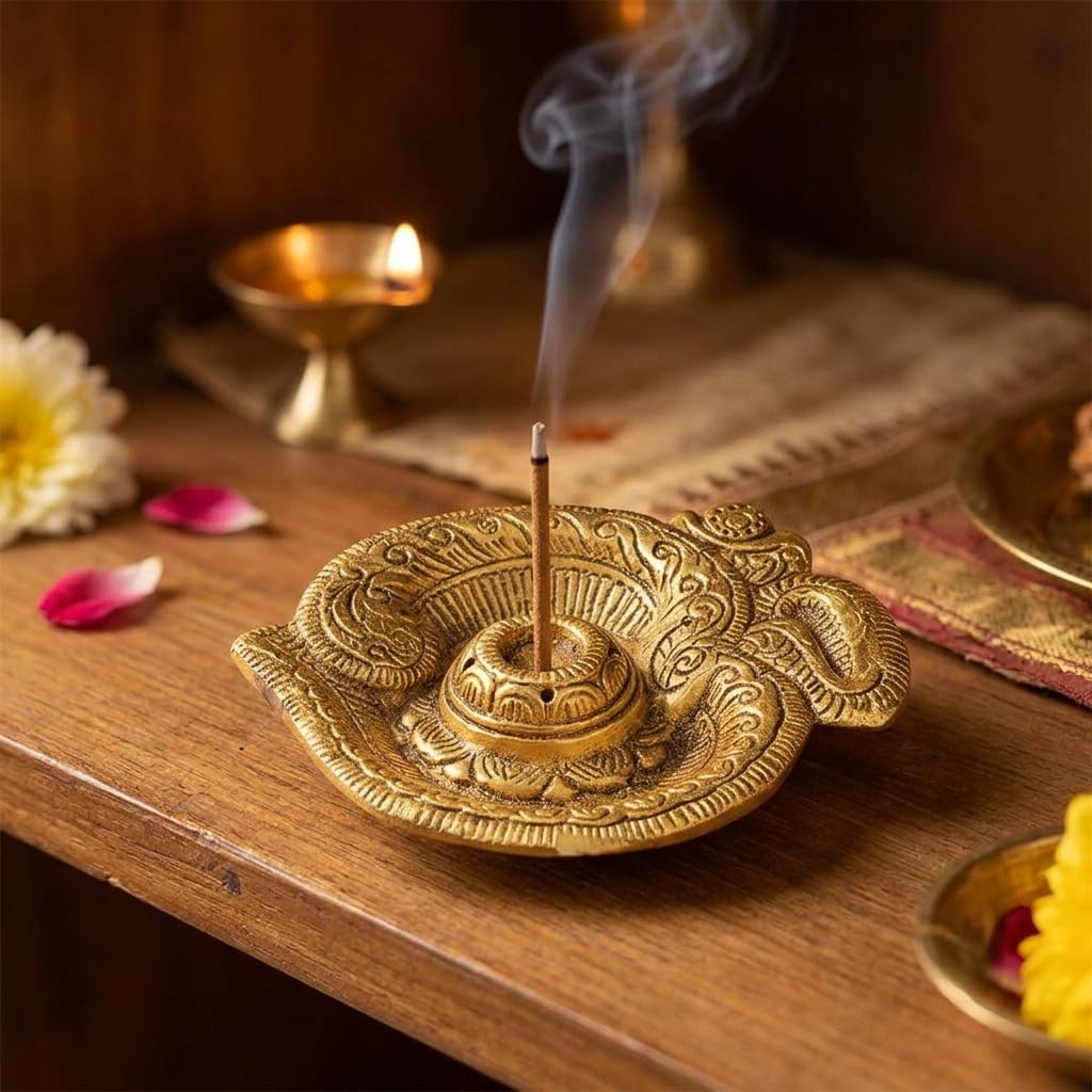 Kridaykraft Aluminum Om Incense Stick Holder with Ash Catcher, Traditional Gold Finish Agarbatti Stand for Puja Room, Home Decor, Meditation & Gifting