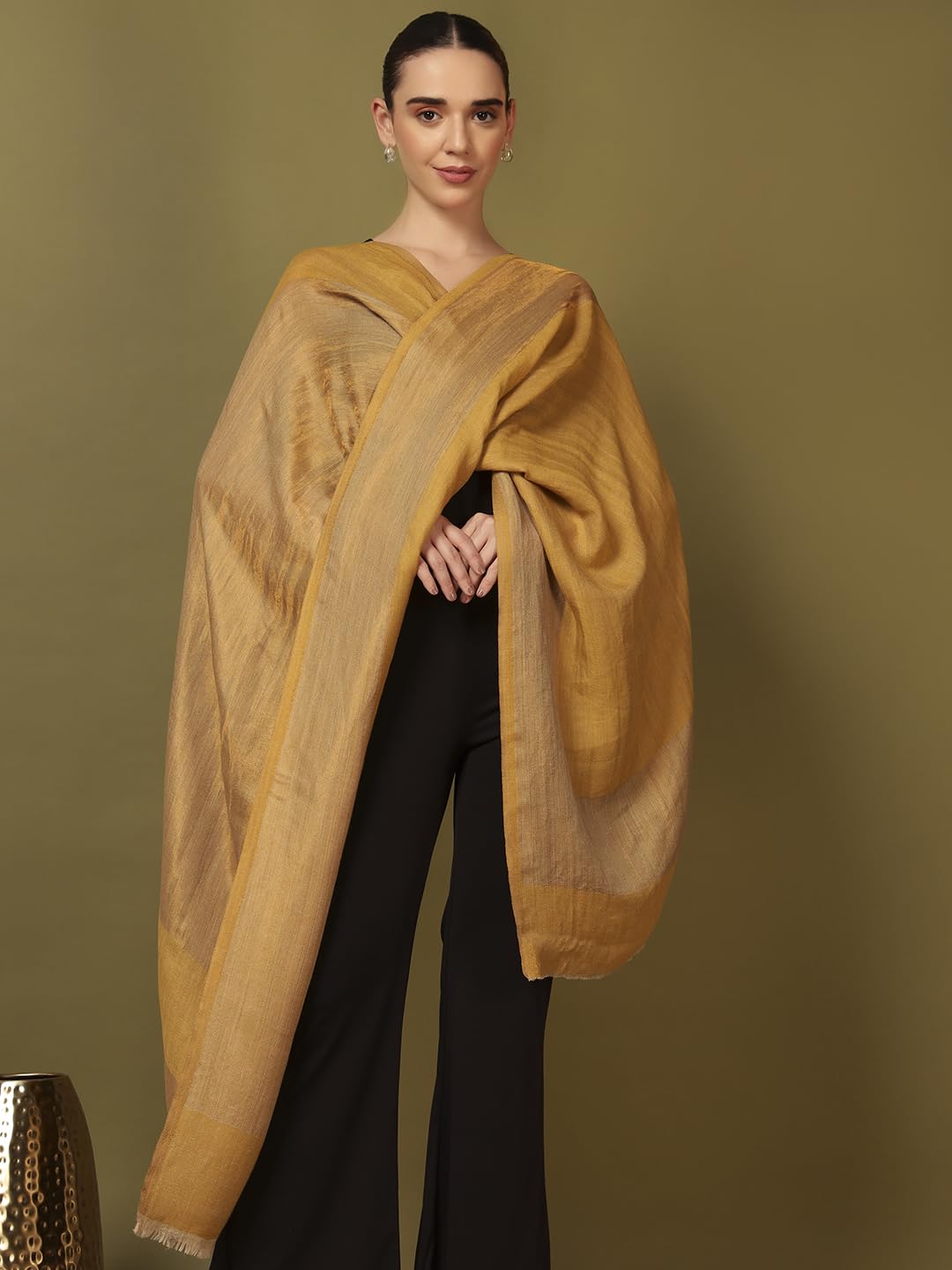 Pashmoda Women Midnight Bronze Reversible Zari Moonlight Fine Wool Stole (Size : 28x80in, 71X203cm) ZSST04