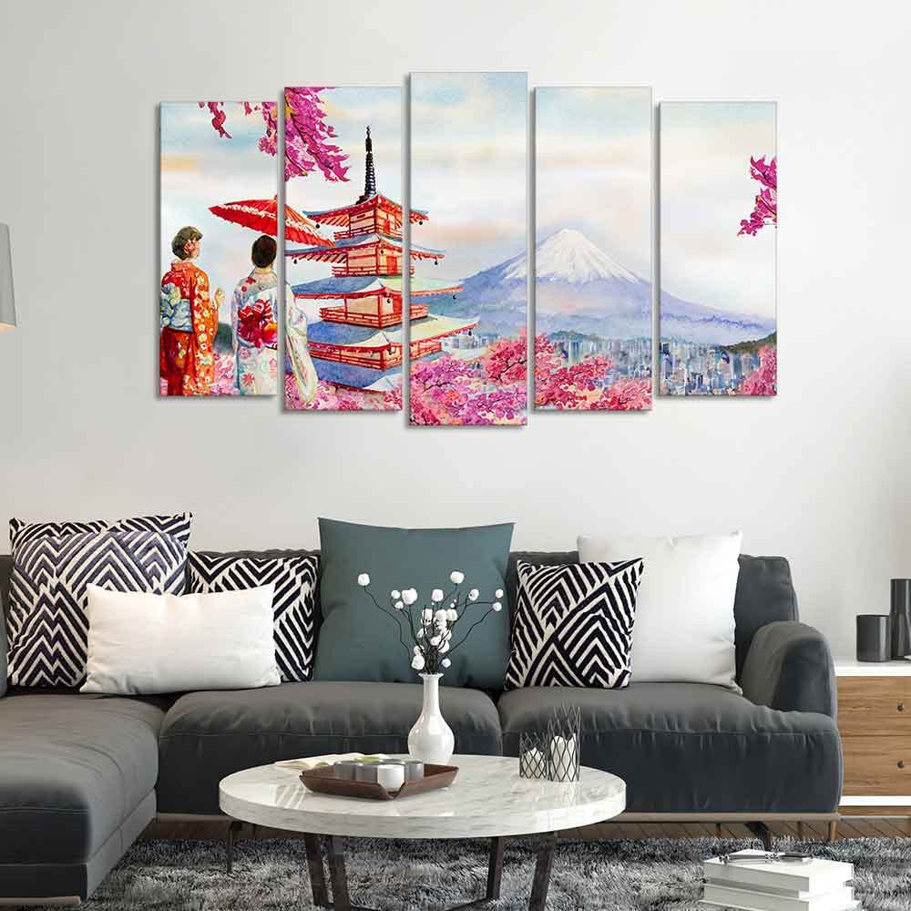 VIBECRAFTS Women in Kimono Canvas Wall Painting Set of Five For Home|Office|Living Room|Gift (PTVC5Pcs2_6546)