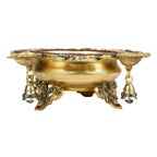 ARTVARKO™ Brass Peacock Design Traditional Multicolor Stone Urli with Diyas and Bells Flowers Bowl Showpiece Home Office Gift 13 Inch