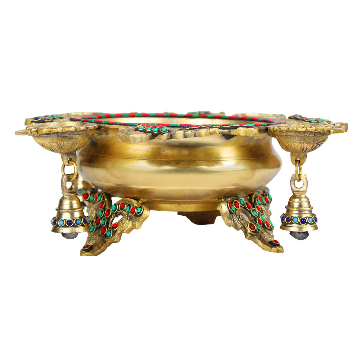ARTVARKO™ Brass Peacock Design Traditional Multicolor Stone Urli with Diyas and Bells Flowers Bowl Showpiece Home Office Gift 13 Inch