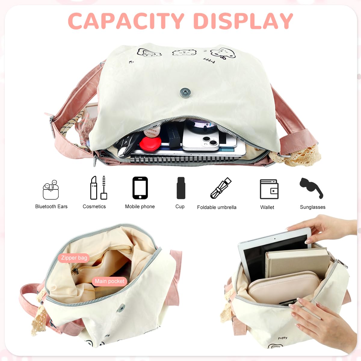 PALAY® Tote Bag for Woman Girls Beige Pink PU Leather Shoulder Bags with Plush Charm&Photocard Holder Cute Cartoon Bear Print Crossbody Bag for Books & Daily Use