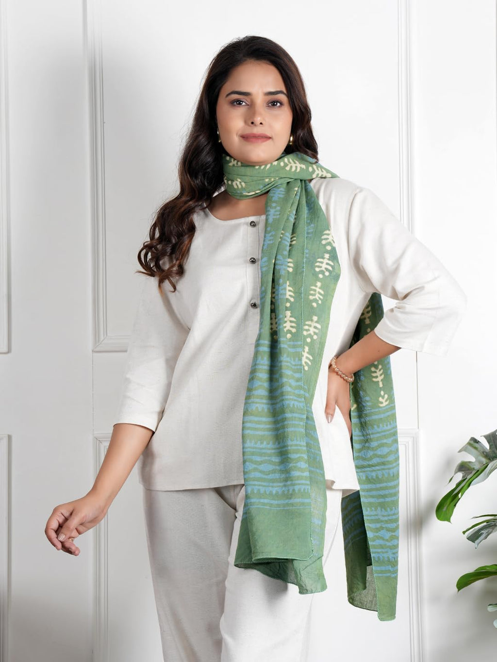 RAI SAHAB Women's Cotton Hand Block Printed Casual Stoles/Scarf(ST-75GREEN10)