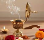 DSH CRAFTING YOUR CURIOSITY Brass Dhuna Loban Burner with Wooden Handle Dhoop Dani Dhooni Decorative Insence Burner Holder and Gift Items (LBN-17-MOONstar)