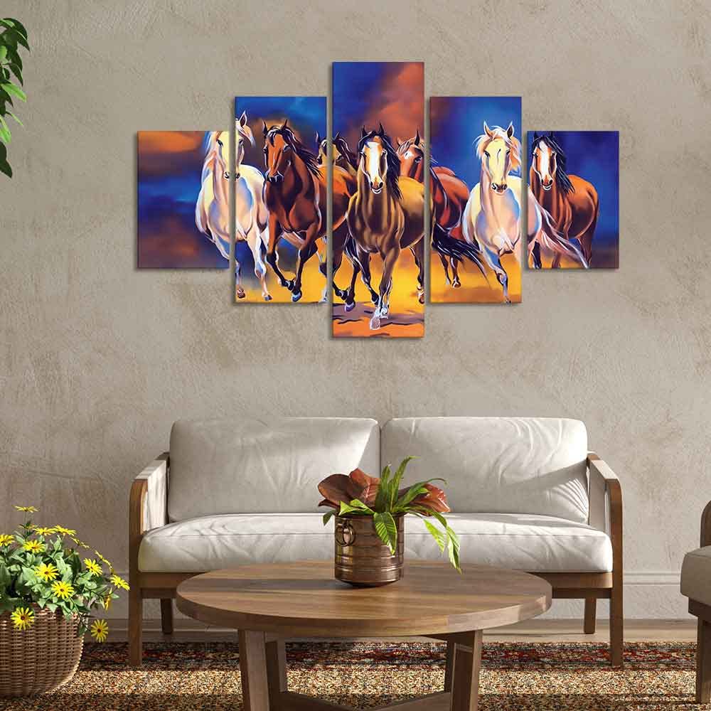 VIBECRAFTS Seven Horses Five Pieces Premium Canvas Wall Painting For Home|Office|Living Room|Gift (PTVC5Pcs1_5528)