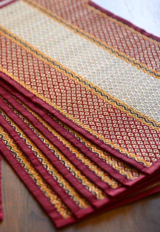 KalaTree Table Mats Set of 6 Handmade Reversible Heat Resistant | River Grass Dining Placemats Zero Plastic | Natural Madurkathi Eco Friendly | Rustic Boho Dcor | Sangreal Maroon Six Mats Kafalo