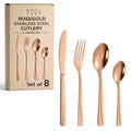 ANH MART Mirror Finish Rose Gold Plated Stainless Steel Flatware Set Copper Silverware Set Spoon Color Cutlery Set [Dinner Fork-Tea Spoon-Salad Spoon-Knife] Set of (Rose Gold LINEING, 8)