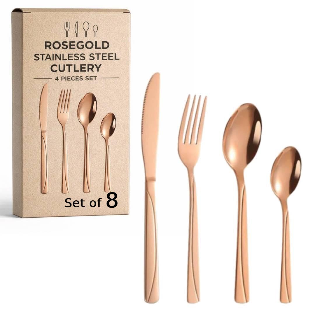 ANH MART Mirror Finish Rose Gold Plated Stainless Steel Flatware Set Copper Silverware Set Spoon Color Cutlery Set [Dinner Fork-Tea Spoon-Salad Spoon-Knife] Set of (Rose Gold LINEING, 8)