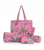 NIKAVIK 1 Tote Bags and 3 Pouch Quilted fabric Handblock Printed Tote Bag(with zip) and bottle compartment with Matching Pouches (Light Pink)