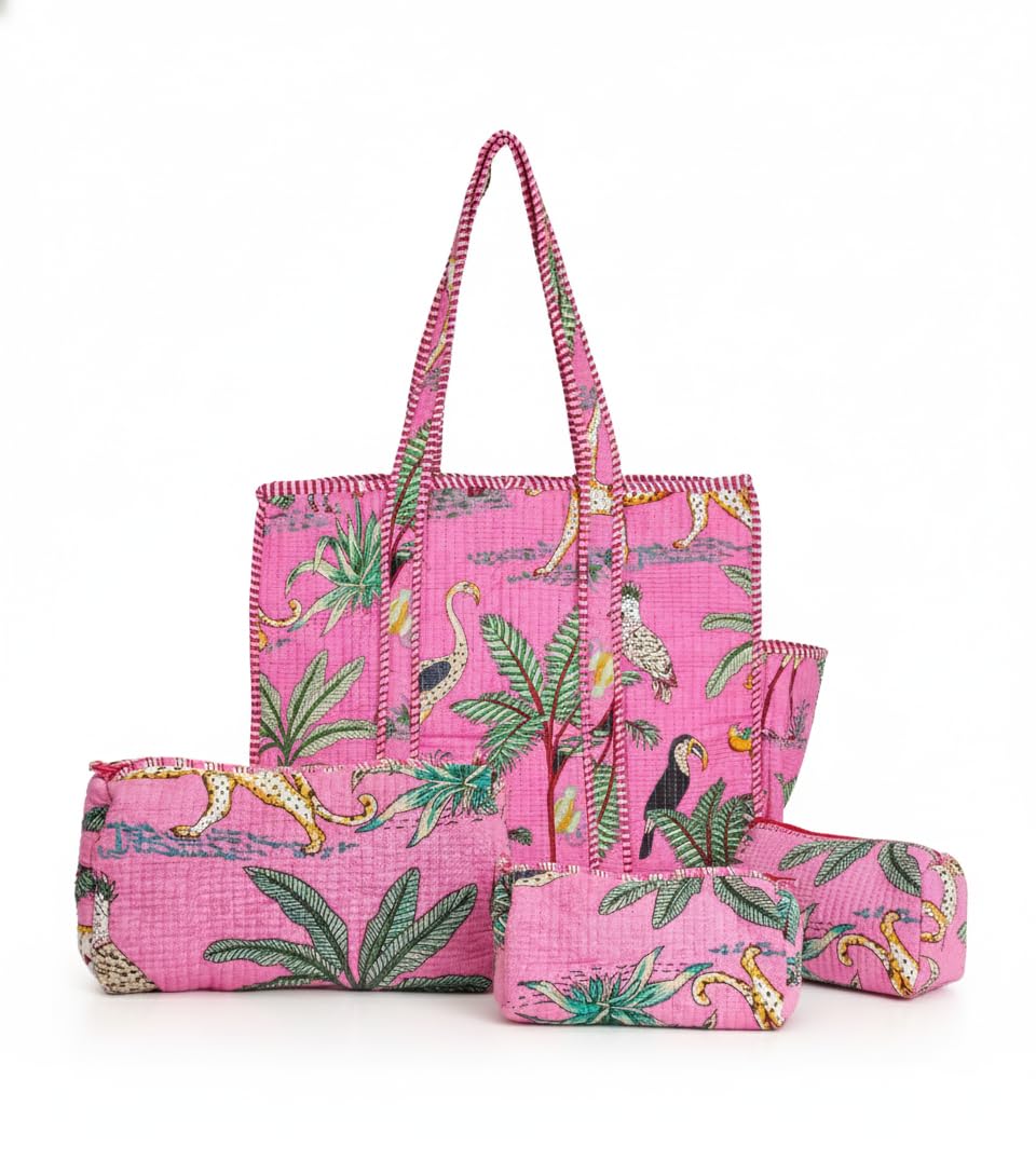 NIKAVIK 1 Tote Bags and 3 Pouch Quilted fabric Handblock Printed Tote Bag(with zip) and bottle compartment with Matching Pouches (Light Pink)