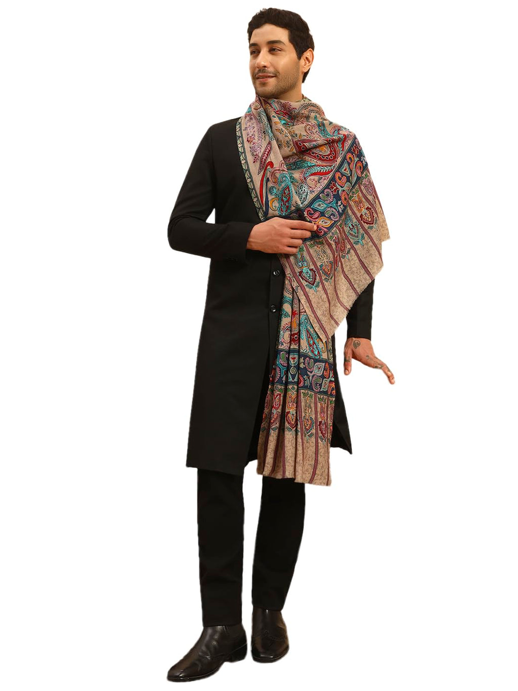 Pashmoda Men Saahtaar 100% Pure Wool Fabric Kalamkari Embroidered Stole (Size-28x80in, 71x203cm) MKAST01