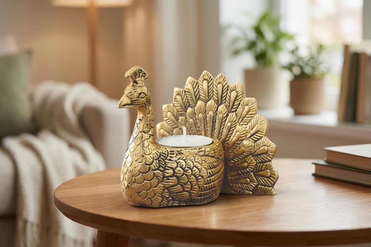 KridayKraft Designed with a Versatile Central Cavity, This Peacock Serves as a Stunning tealight Candle Holder, a mini Indoor Planter, a Unique Pen Stand,(Peacock Small Golden)