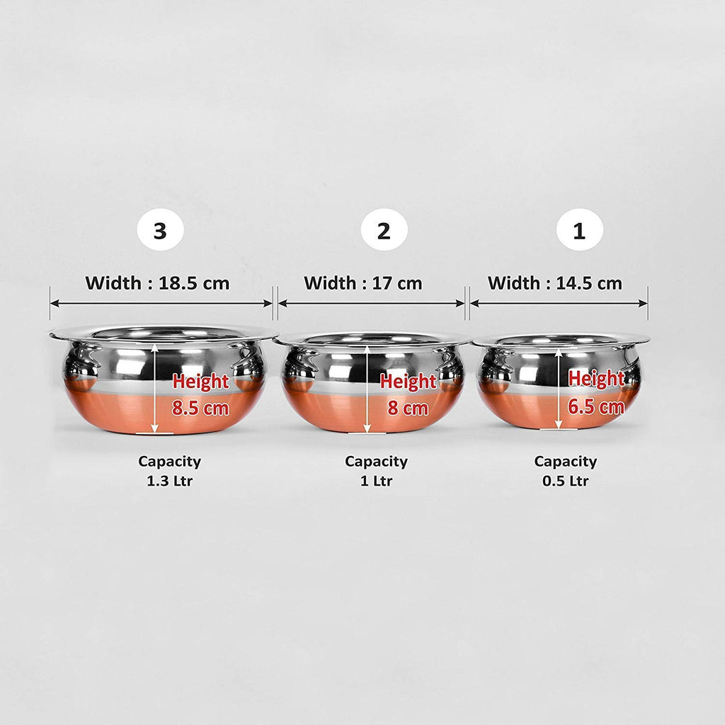 ALWAFLI 3 pcs Stainless Steel Copper Bottom Kitchen Serving, Cooking Bowl | Handi Set | Biryani Handi for Kitchen & Restaurant | Cookware Set | (3 pcs)