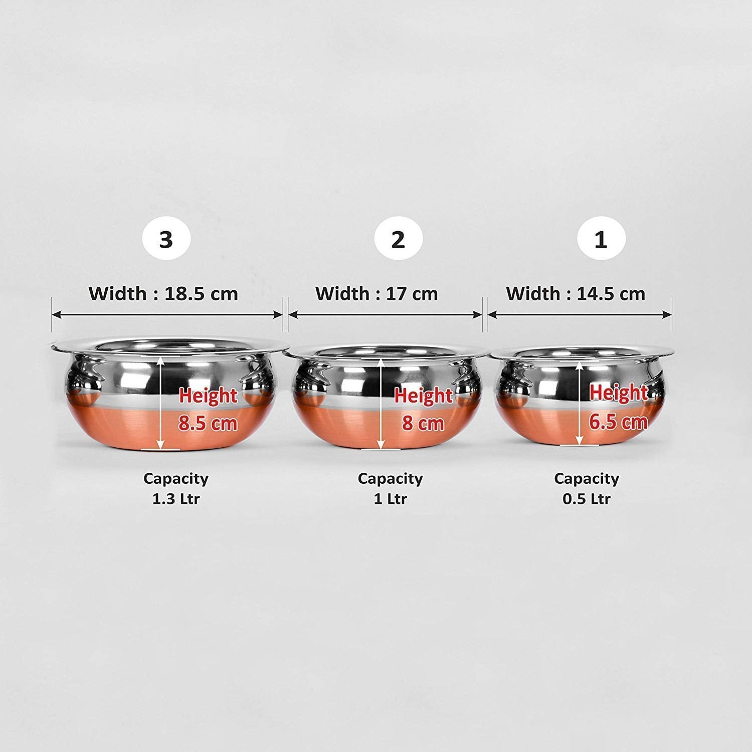 ALWAFLI 3 pcs Stainless Steel Copper Bottom Kitchen Serving, Cooking Bowl | Handi Set | Biryani Handi for Kitchen & Restaurant | Cookware Set | (3 pcs)