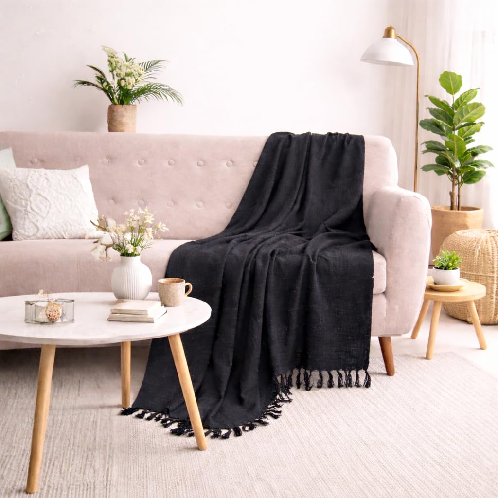DMAASA Cotton Black Tasseled Throw Blanket | Sofa Throw 50x60 Inch, 127x 152 cm | Reversible, Breathable and Lightweight (Pack of 1) Kafalo