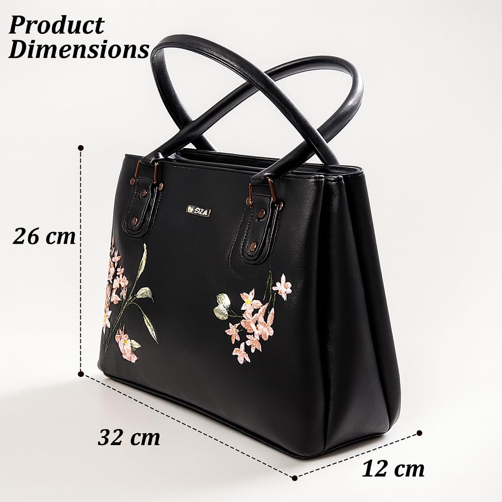 Siza Women Handbag for Office Use, Tote Bag for Women, Stylish Black Shoulder Bag with Zipper, Multi Compartment Travel & Daily Use Handbag (Black)