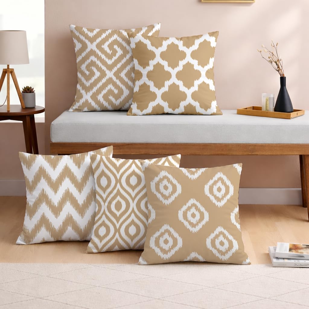STITCHNEST Set of 5 Polycotton Cushion Covers – 16x16 Inches – Beige & White Ikat Geometric Print – Elegant Cushion Covers for Sofa & Living Room Decor