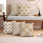 STITCHNEST Set of 5 Polycotton Cushion Covers – 16x16 Inches – Beige & White Ikat Geometric Print – Elegant Cushion Covers for Sofa & Living Room Decor