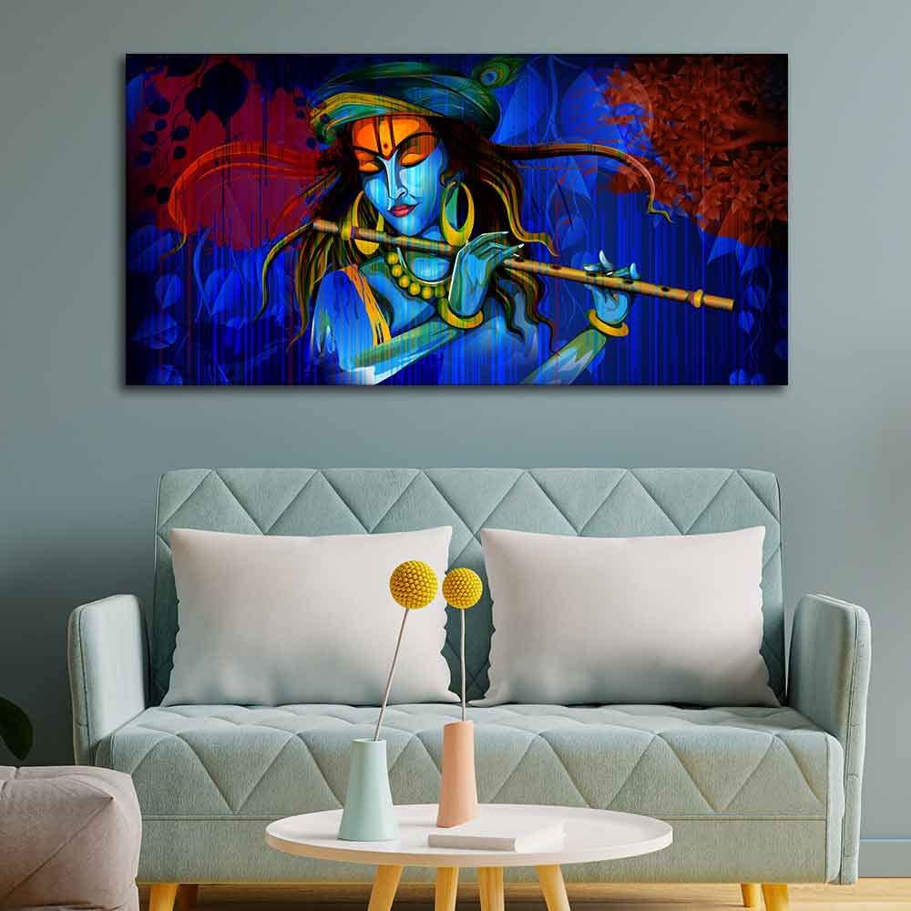VIBECRAFTS Homcraft Canvas Paintings for Living Room Drawing Room Krishna Playing Flute Canvas Wall Painting Fitted With Wooden Frame For Home | Office | Living Room | Gifts (PTVCH_2530)