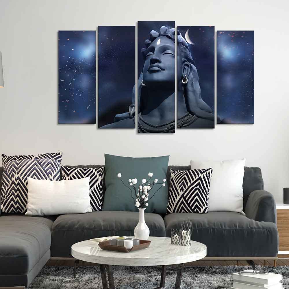 VIBECRAFTS Adiyogi Shiva Statue Canvas Wall Painting Set of Five Pieces For Home|Office|Living Room|Gift (PTVC5Pcs2_6596N)