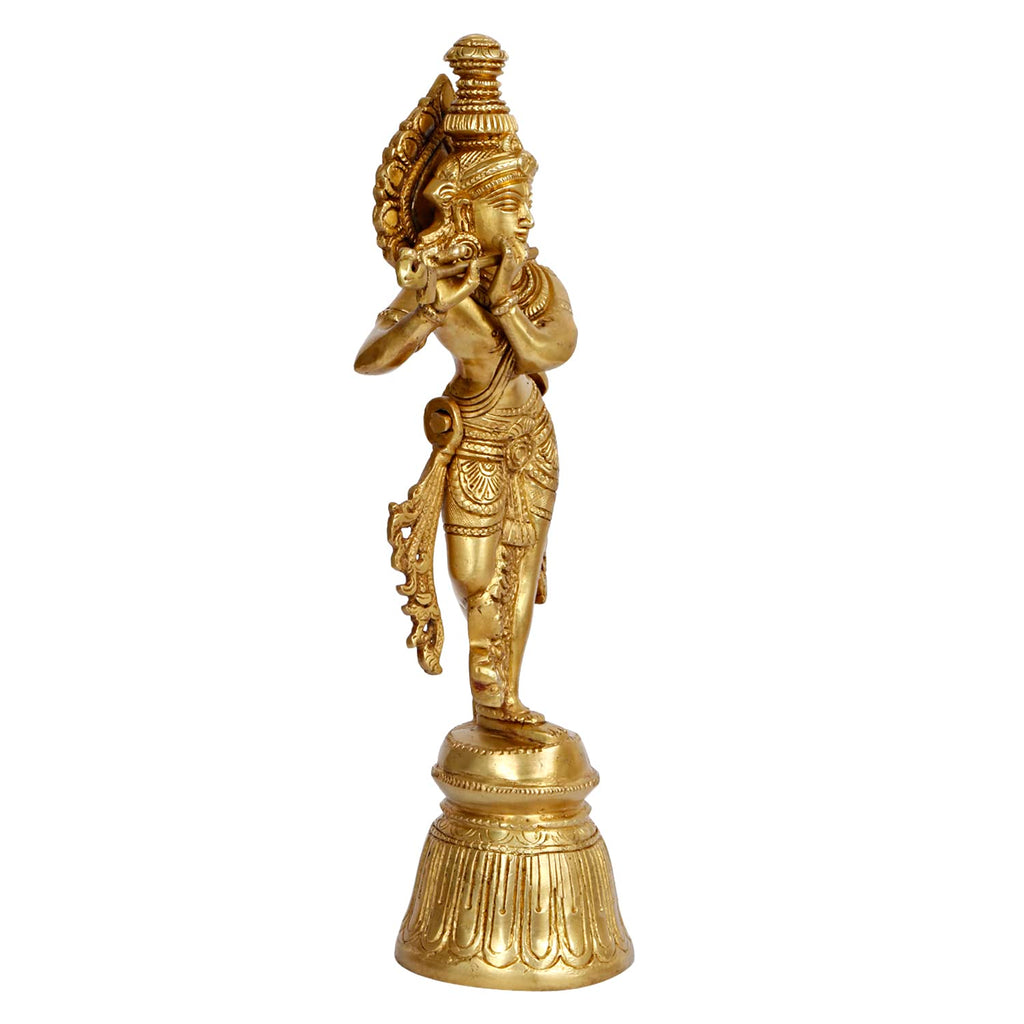 ARTVARKO Brass Lord Krishna Murti for Gift Idol Statue Large Size Krishna Playing Flute Standing On Beautiful Round Pedestal Height 11 Inches