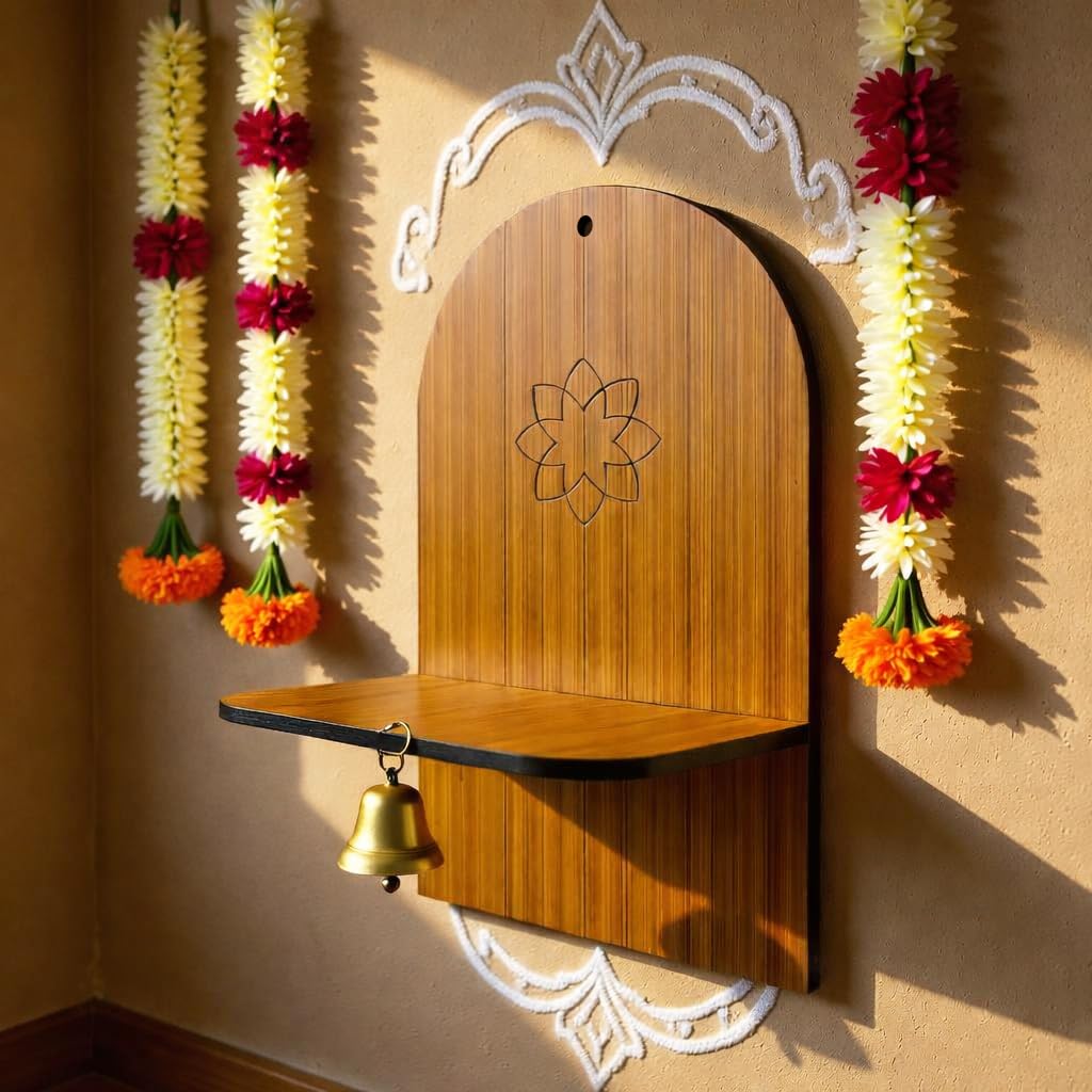 Ritwika's Traditional Wooden DIY Mada Villaku Diya Stand – Floral Cut Design & Hanging Bell | Pooja Temple, Mandir Two Size 5 X 8 or 7 X 11 Inches, Set of 1 (Mada Villaku 4)