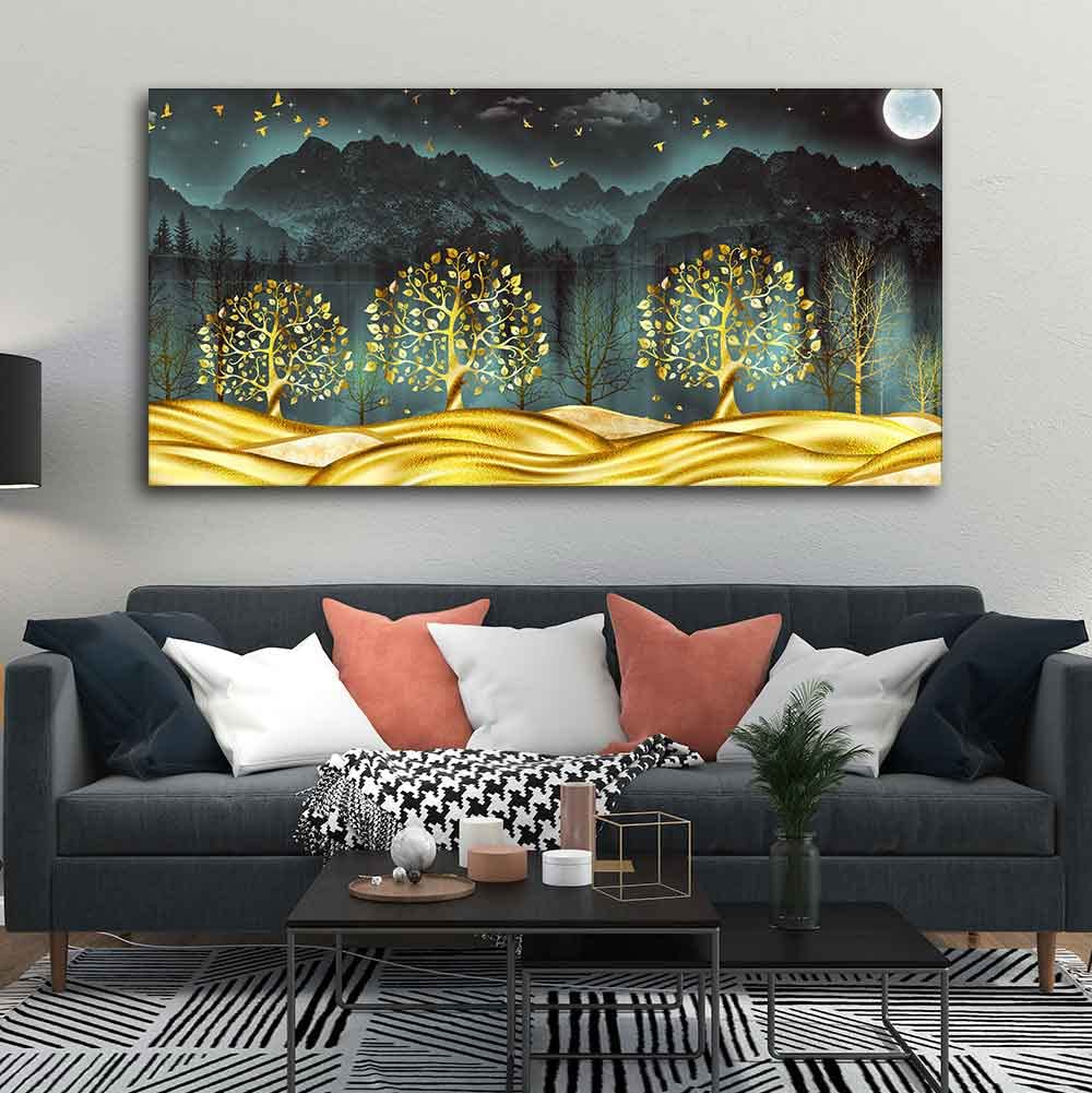VIBECRAFTS Canvas Paintings for Living Room Drawing Room Wall Painting of Golden Trees in Dark Forest Fitted with Wooden Frame for Home|Office|Gift(PTVCH_2244N)