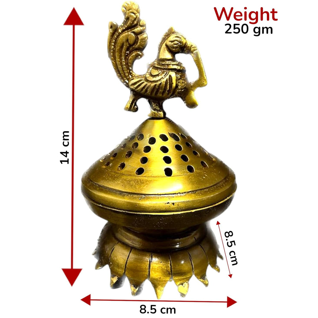 Kridaykraft Metal Brass Color Finish Dhoop Dani | Bakhoor Holder | Loban Burner | Incense Holder, Handcrafted Metal Peacock Shaped Aroma Diffuser Oil Burner| Aroma Oil Diffuser for Home