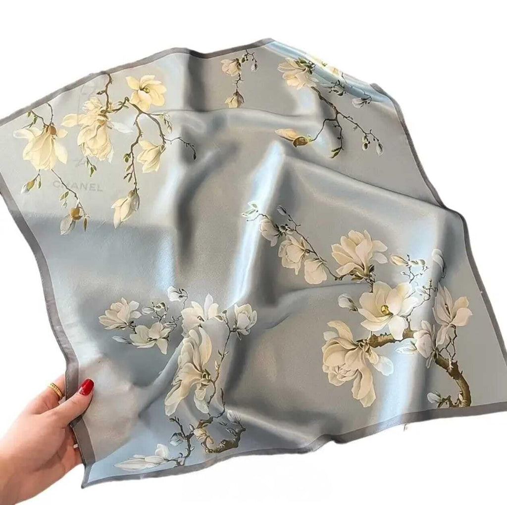 Silk Scarf with Magnolia Floral Print, Grey, Silk Finish, Elegant Neck Wrap