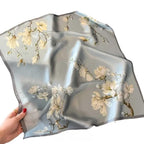 Silk Scarf with Magnolia Floral Print, Grey, Silk Finish, Elegant Neck Wrap